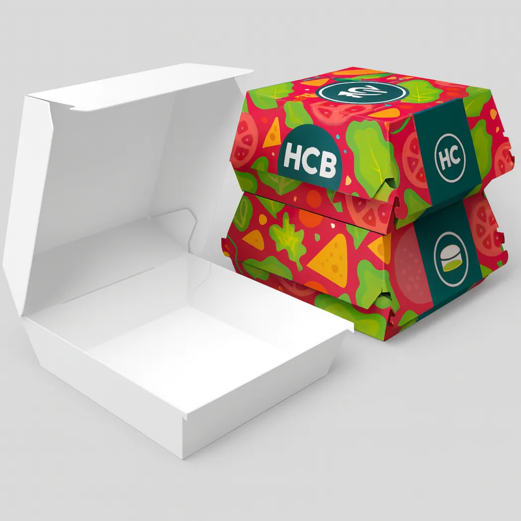 A stack of printed clamshell sandwich boxes next to an open plain white cardboard box- class=
